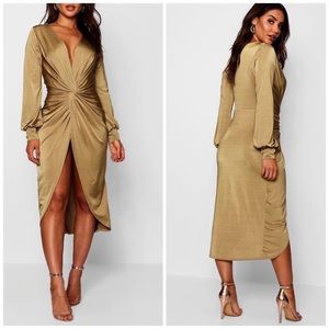 Sage Twist Front Plunge Slinky Midi Dress | NWT